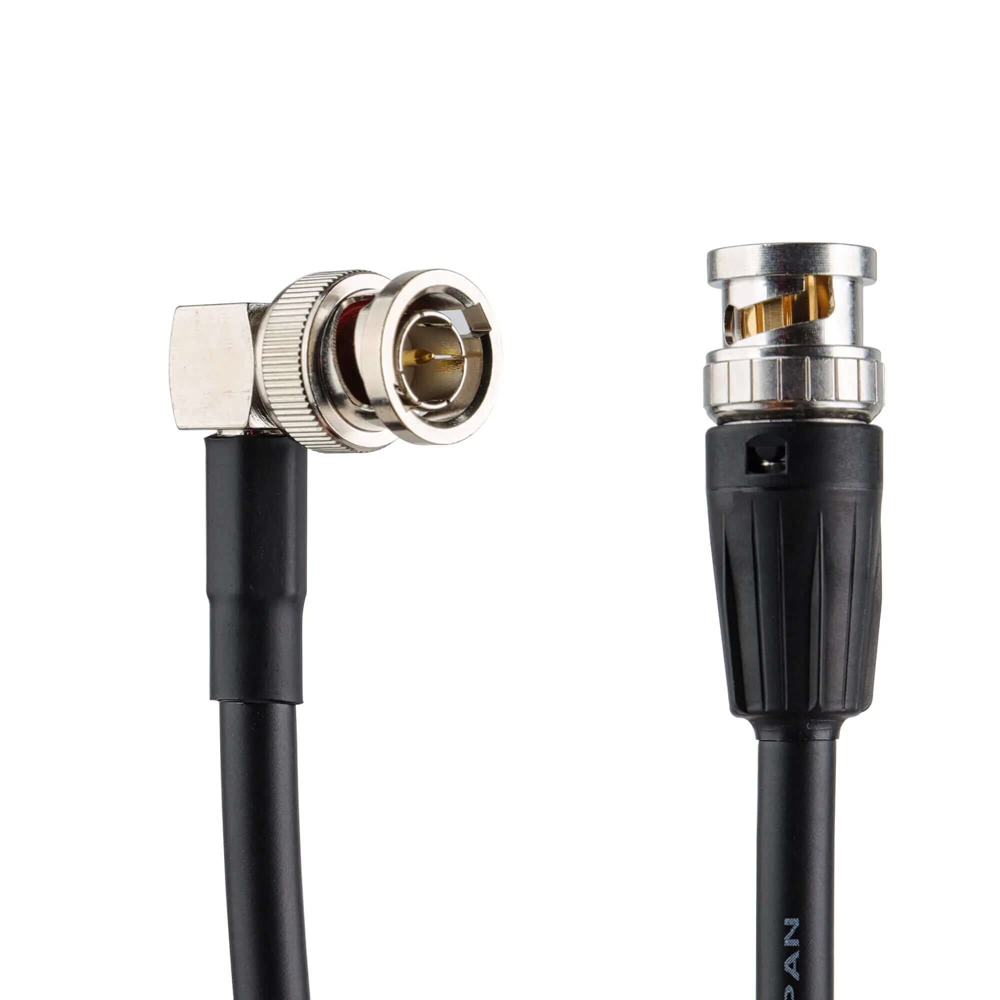 POWRIG 12G-SDI cable connector close-up showing gold-plated 75 ohm BNC male end