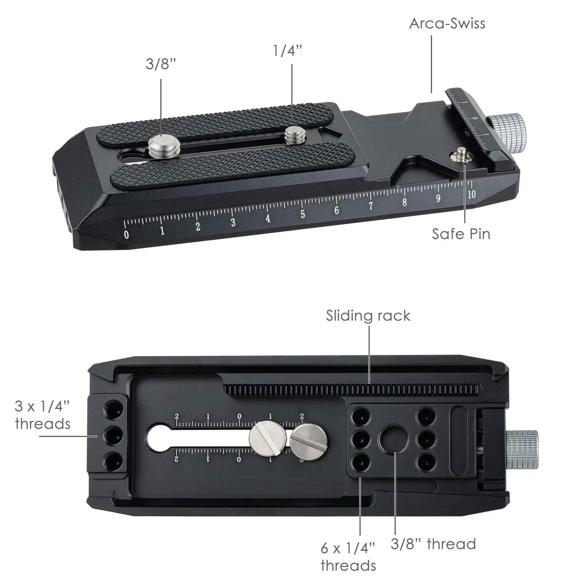 Details Diagram of DJI RS2 RS3 Pro Quick Release Plate, 1/4" 3/8" Screw Hole Arca Camera Base Plate