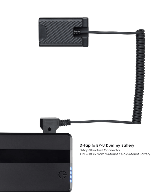 POWRIG right-angle D-Tap standard connector plugged into V-Mount Gold-Mount battery 11V-18.4V input to BP-U dummy battery power supply