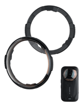 Pair of POWRIG lens guards for Insta360 X6 shown front and back beside the camera