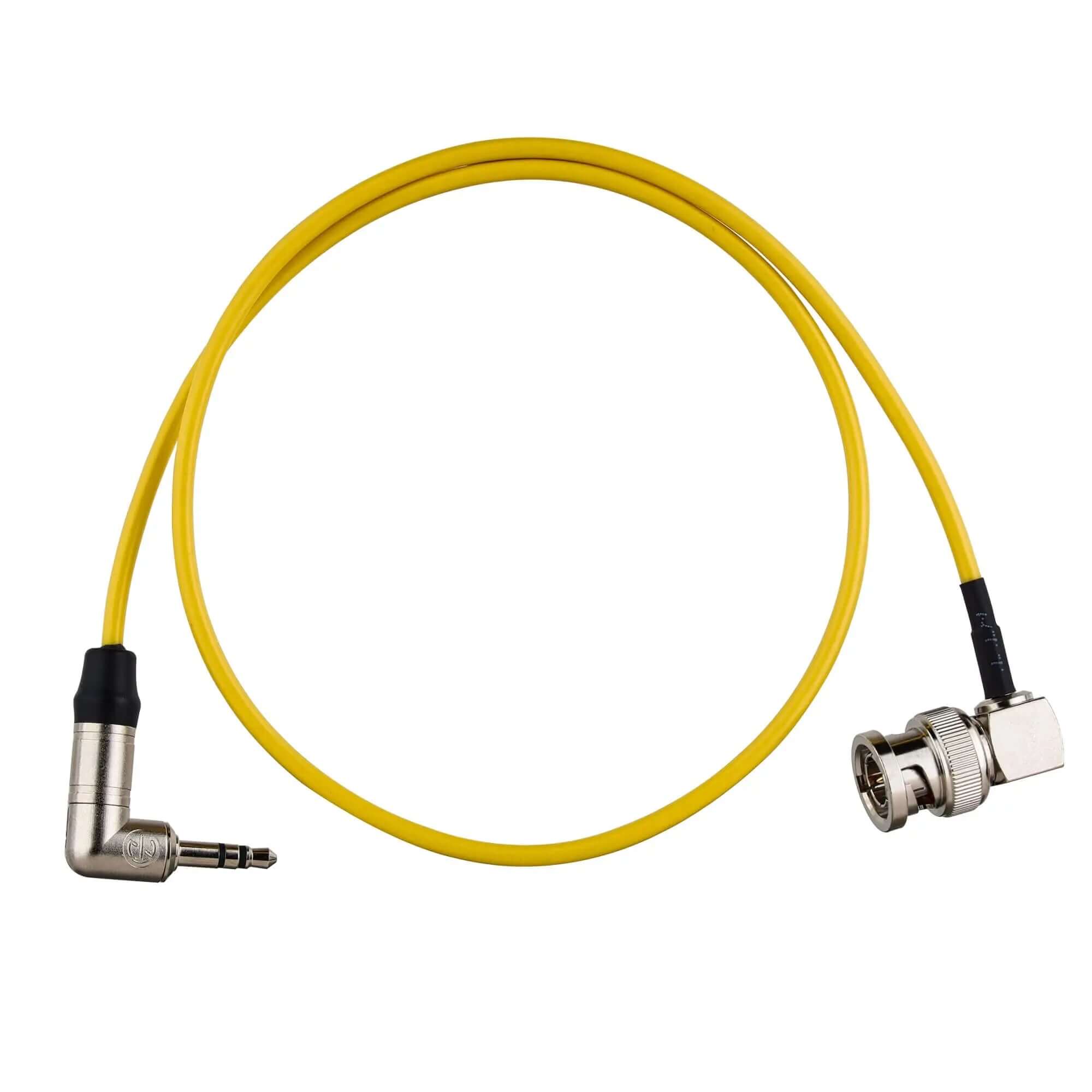 Right Angle BNC to Right Angle 3.5mm TRS Timecode Cable, Yellow RG174 Coax Cord for Audio Time Code Sync