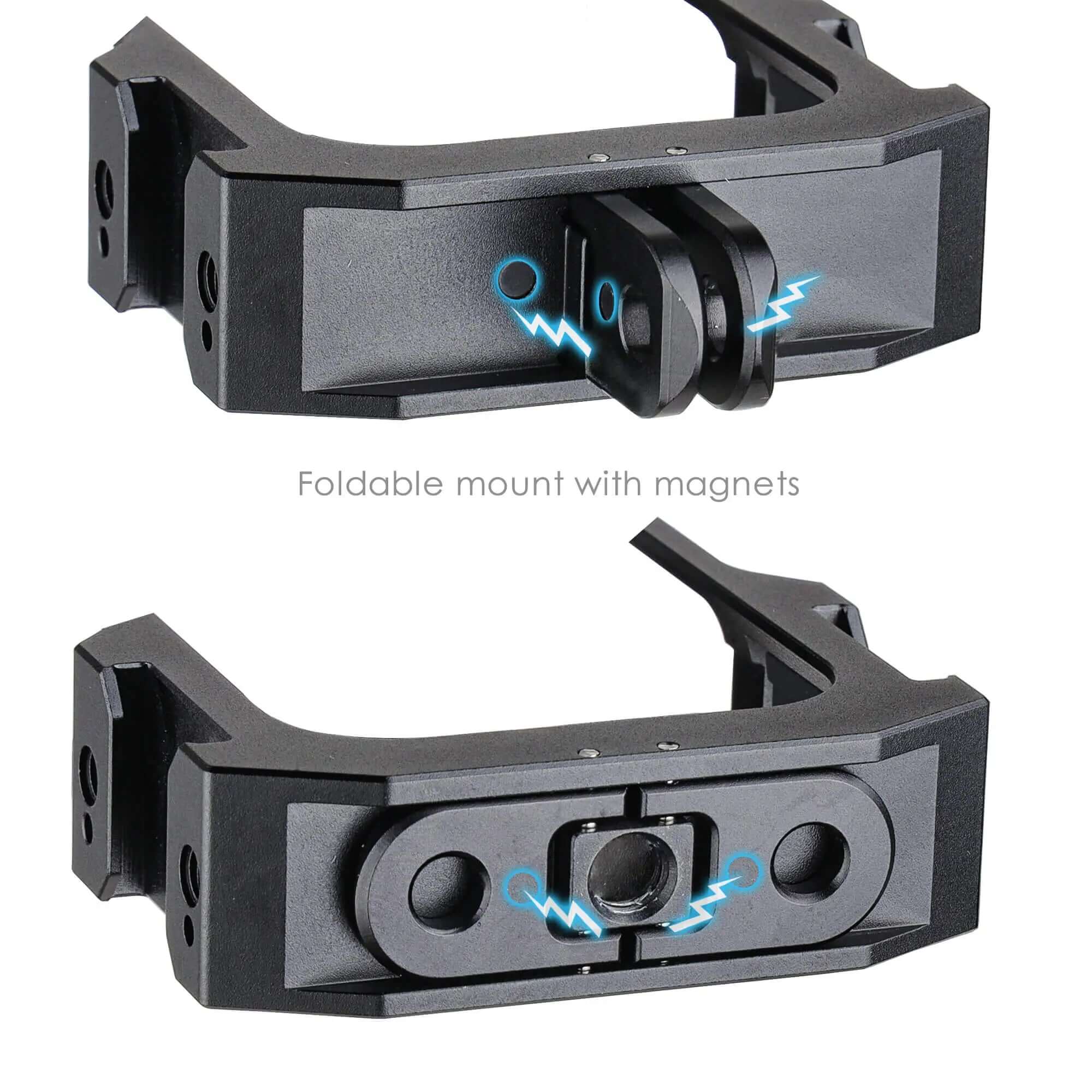 Magnetic foldable mounting base close-up for POWRIG Insta360 X3 aluminum cage, dual-use magnetic adapter mount