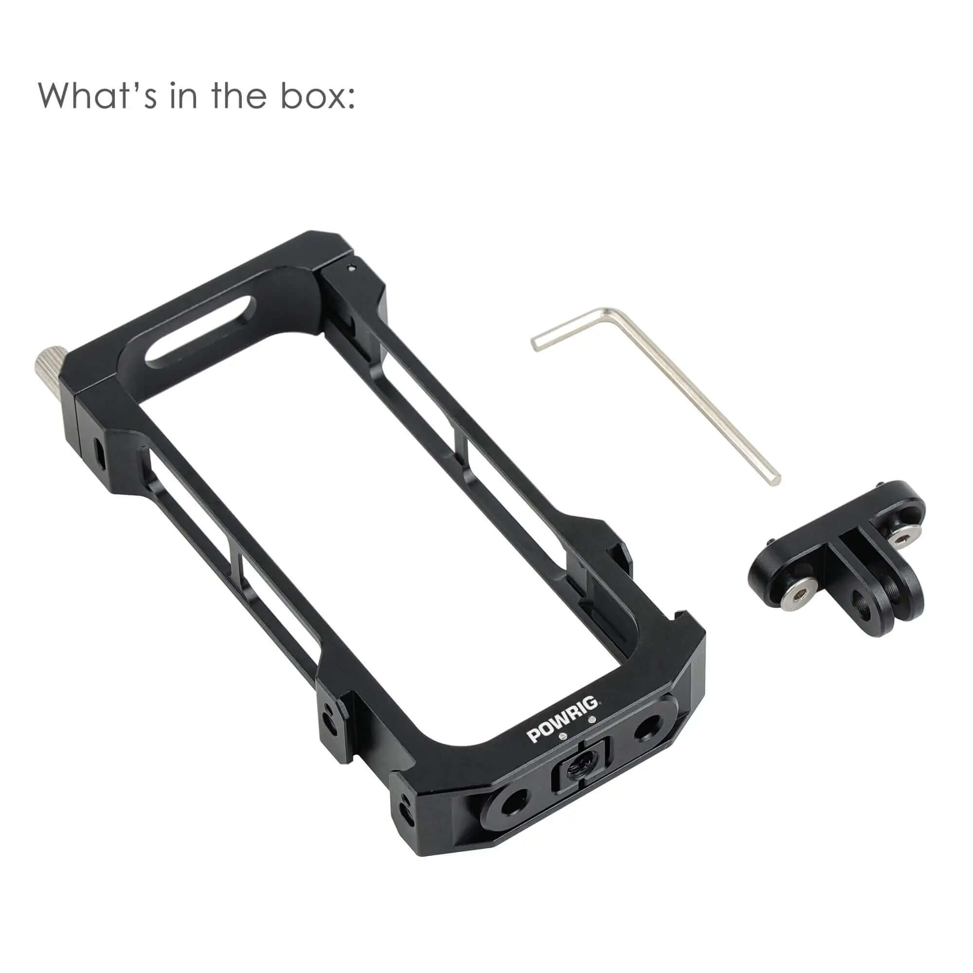 Package contents of POWRIG Insta360 X3 aluminum alloy cage, main rig + hex wrench + GoPro style adapter mount
