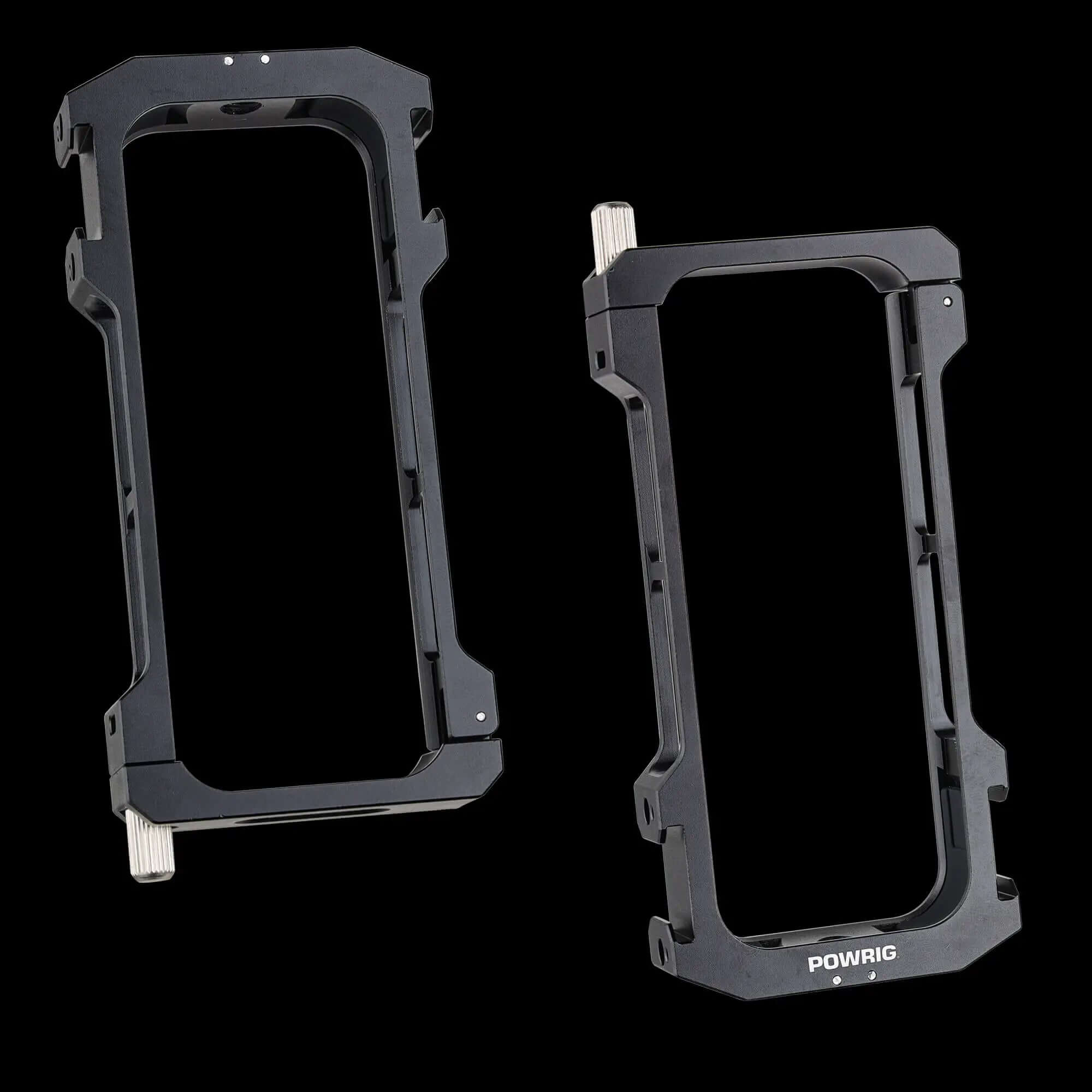 POWRIG Insta360 X3 aluminum cage two side views, adjustable protective frame rig for Insta360 X3 panoramic camera, all-metal expansion housing