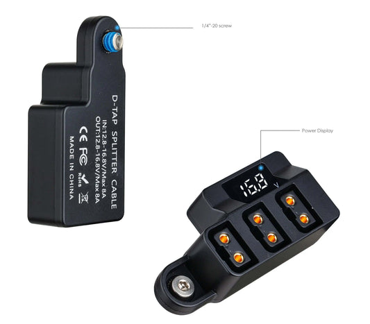 Close-up of D-Tap splitter hub featuring 3 female output ports and real-time 15.9V LED power display