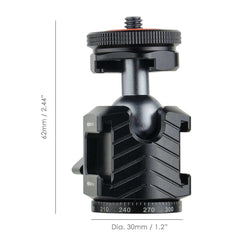 62mm Height Mini Camera Ball Head with Size Mark, 30mm Base Diameter 360° Pan Ballhead, Multi Cold Shoe Interface for Tripod Stand Camera Accessories