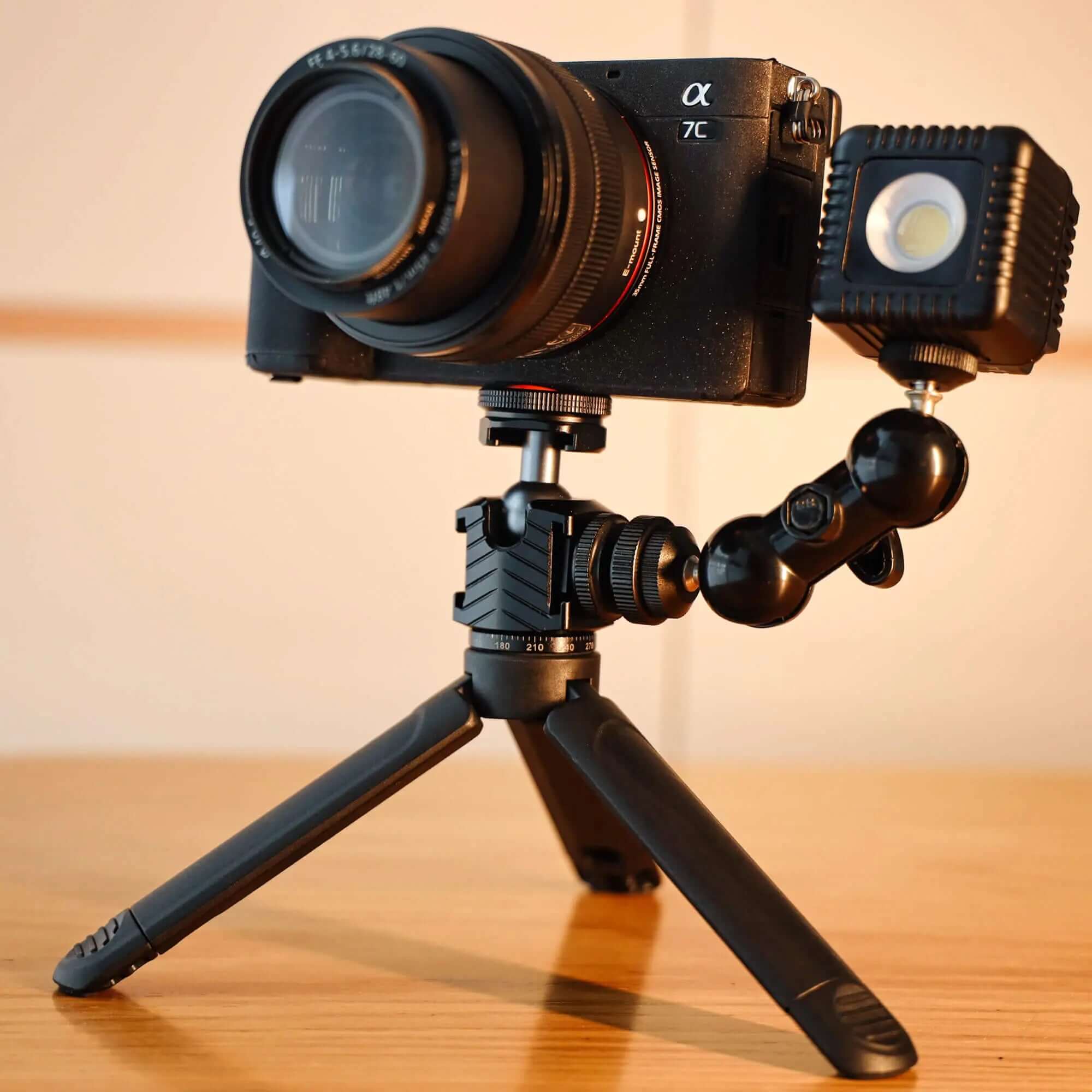 Mini Ball Head Mounted on Desktop Tripod, Sony ZV-E7C Camera with LED Fill Light, Vlog Setup Multi Cold Shoe Ballhead Real Shooting Scene