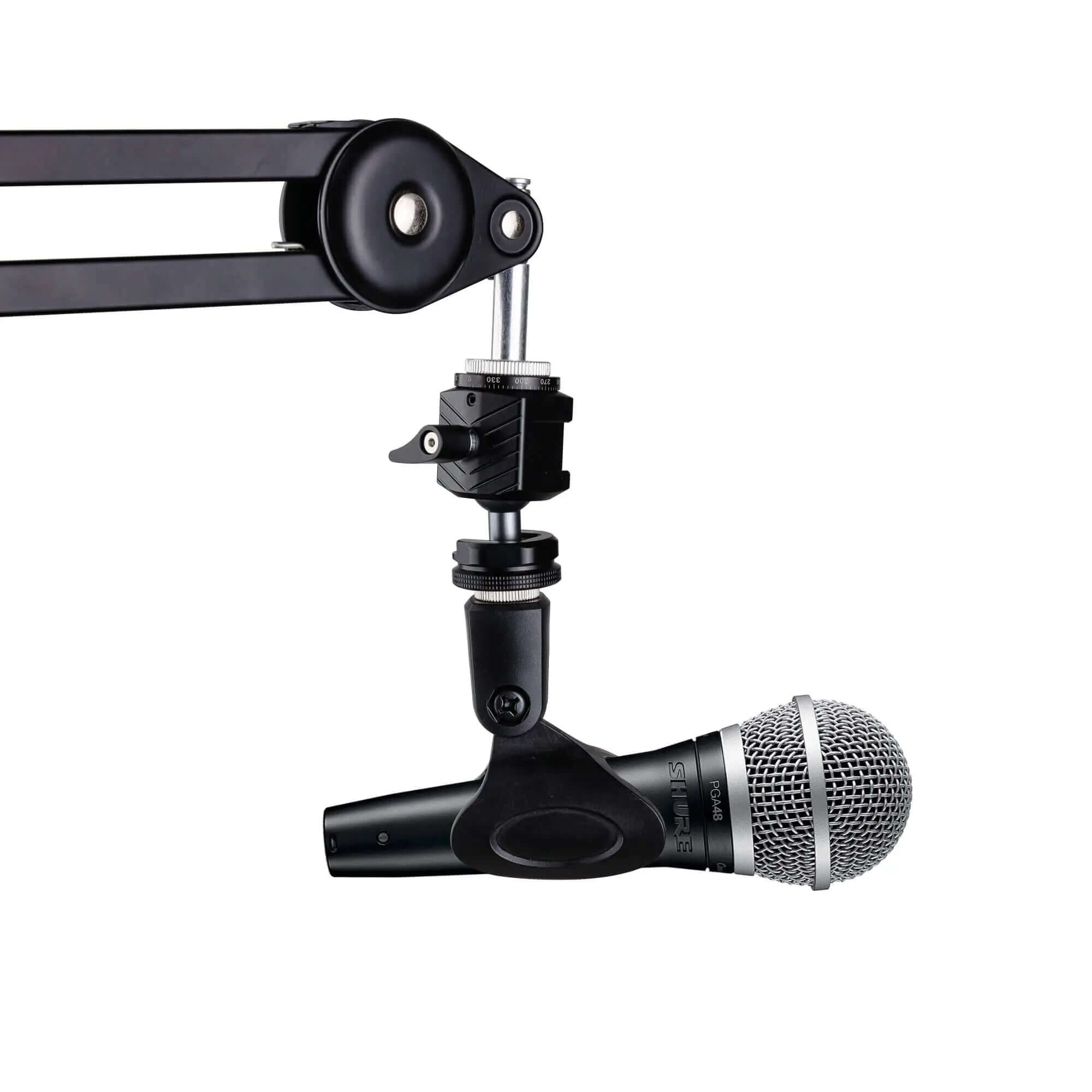Ball head microphone mount installed on boom arm with Shure dynamic mic, cold shoe to 5/8 screw adapter adjustable tilt mic bracket for podcast live streaming