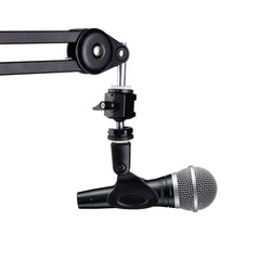 Ball head microphone mount installed on boom arm with Shure dynamic mic, cold shoe to 5/8 screw adapter adjustable tilt mic bracket for podcast live streaming
