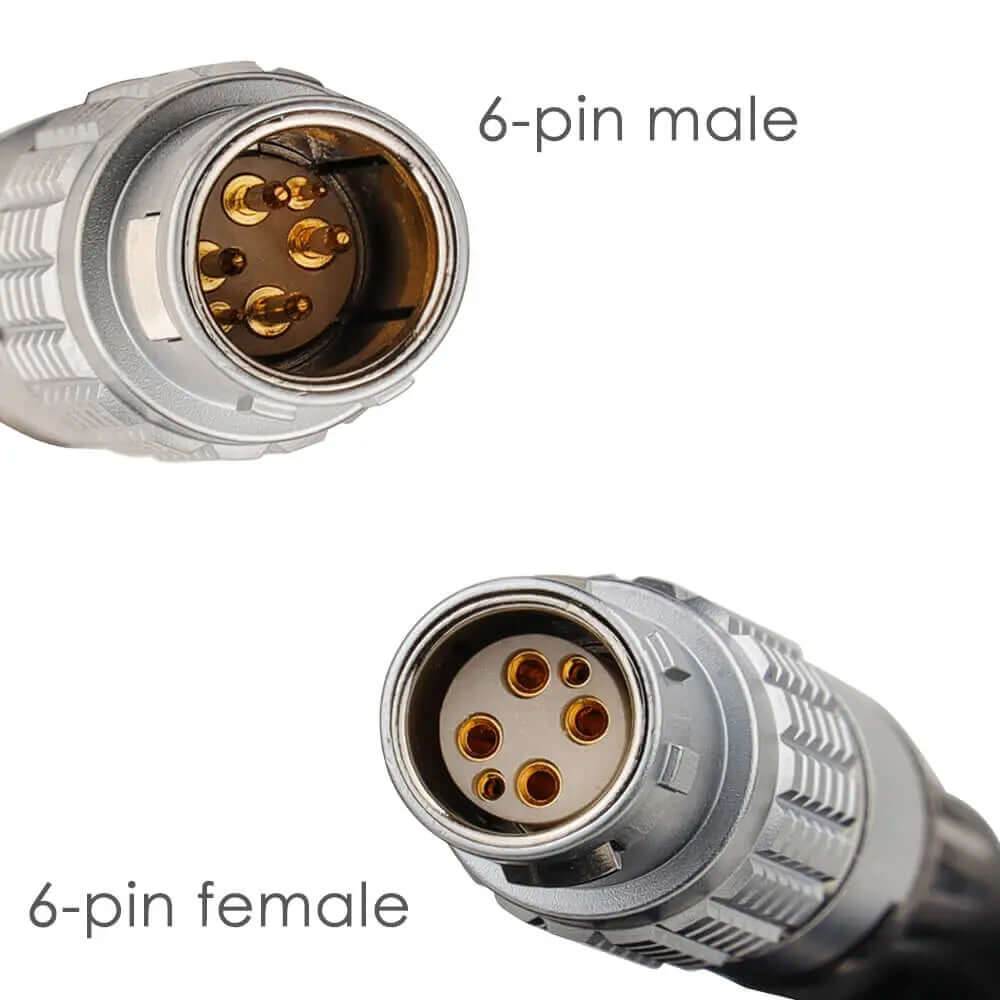 6 pin male female metal connector closeup for Ronin2 Master Wheel control power cable gold plated pins