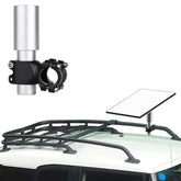 POWRIG Starlink Mini pipe mount adapter installed on white SUV roof rack with vertical aluminum pole and black clamp