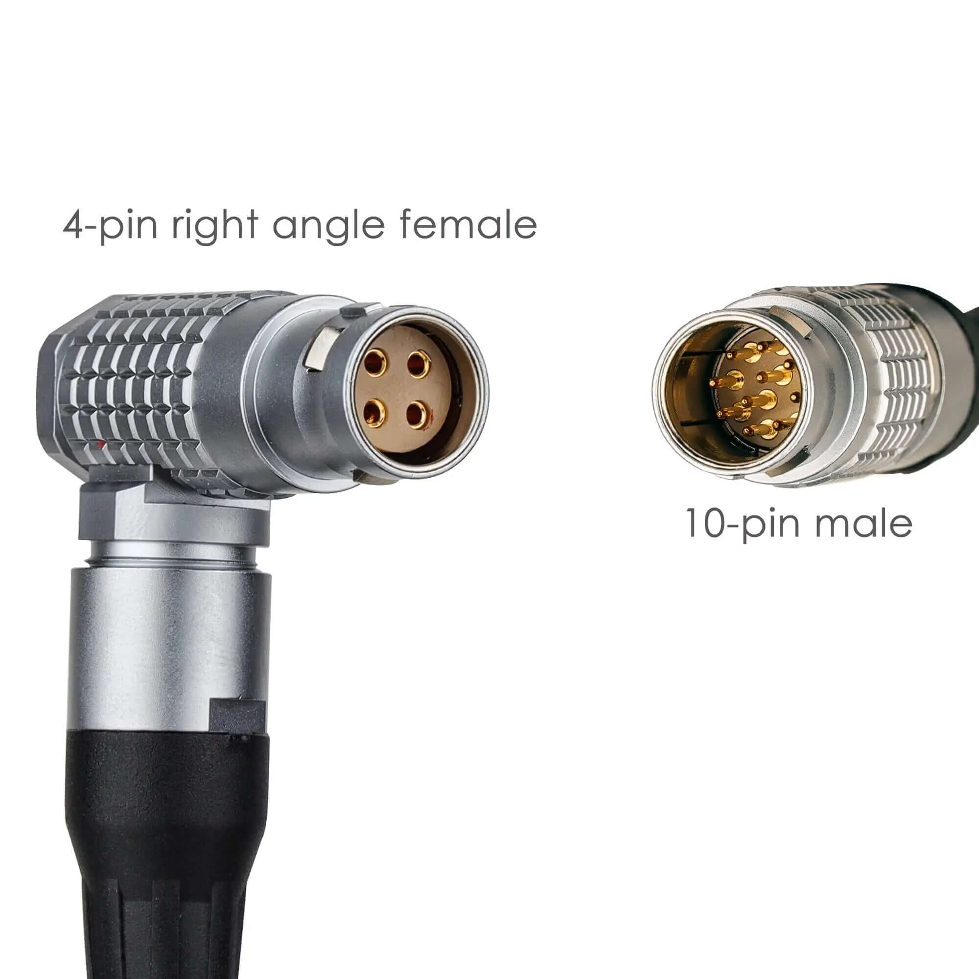 Connector closeup: Right Angle 4-Pin Female + 10-Pin Male for DJI TB50 RED V-Raptor XL Ranger Power Cable, Gold Contact Pins