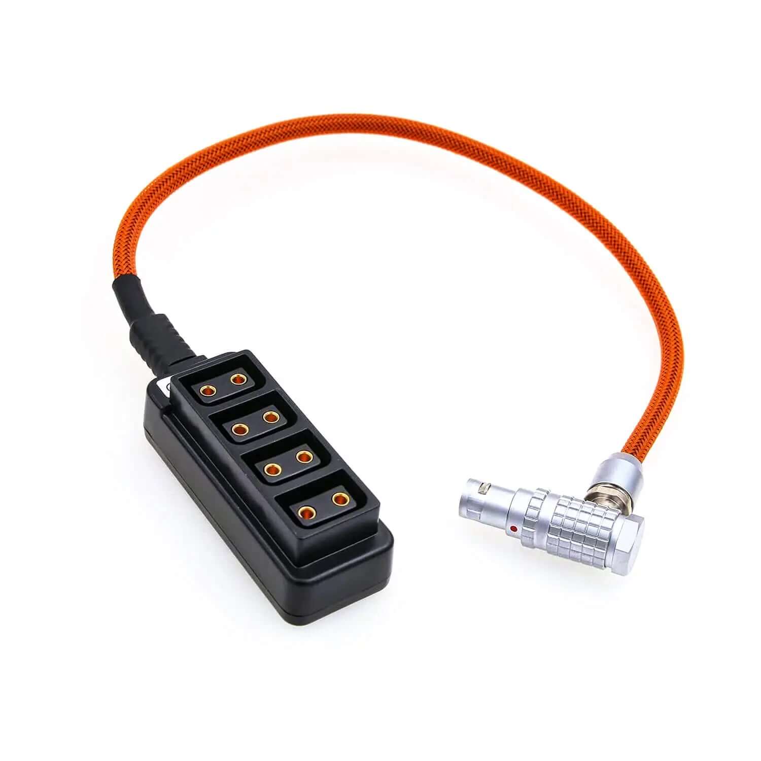 Right Angle 7-Pin to Quad D-Tap Splitter Cable for ARRI ALEXA Mini, 4-Way Dtap Camera Power Distribution Cord Orange Braided