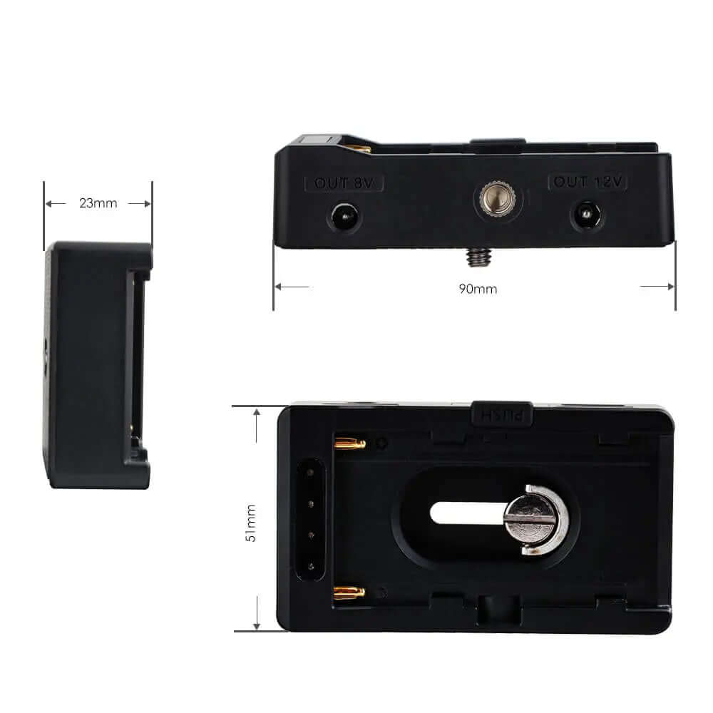 NP-F battery adapter plate dimension drawing 90×51×23mm, dual DC OUT 8V 12V ports, 1/4-20 tripod screw hole specs