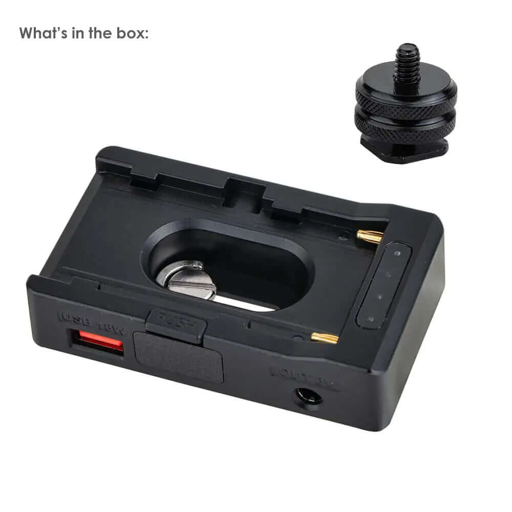 18W USB NP-F battery plate package contents, power adapter + cold shoe screw mount accessory for camera monitor setup