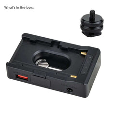 18W USB NP-F battery plate package contents, power adapter + cold shoe screw mount accessory for camera monitor setup