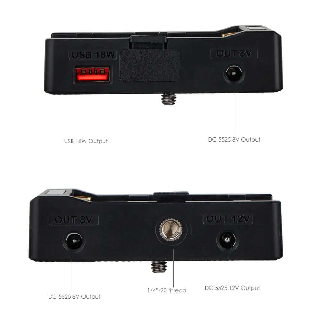 18W USB-A NP-F battery mount plate specs, USB 18W output + DC 5525 8V/12V dual DC port, 1/4 tripod screw for camera rig