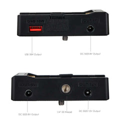18W USB-A NP-F battery mount plate specs, USB 18W output + DC 5525 8V/12V dual DC port, 1/4 tripod screw for camera rig