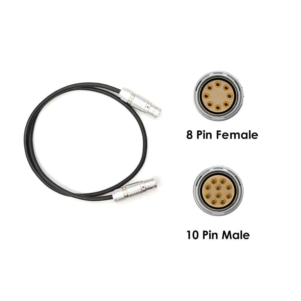 8 Pin Female to 10 Pin Male ARRI ALEXA35 Ronin 2 camera power cable with pin layout diagram