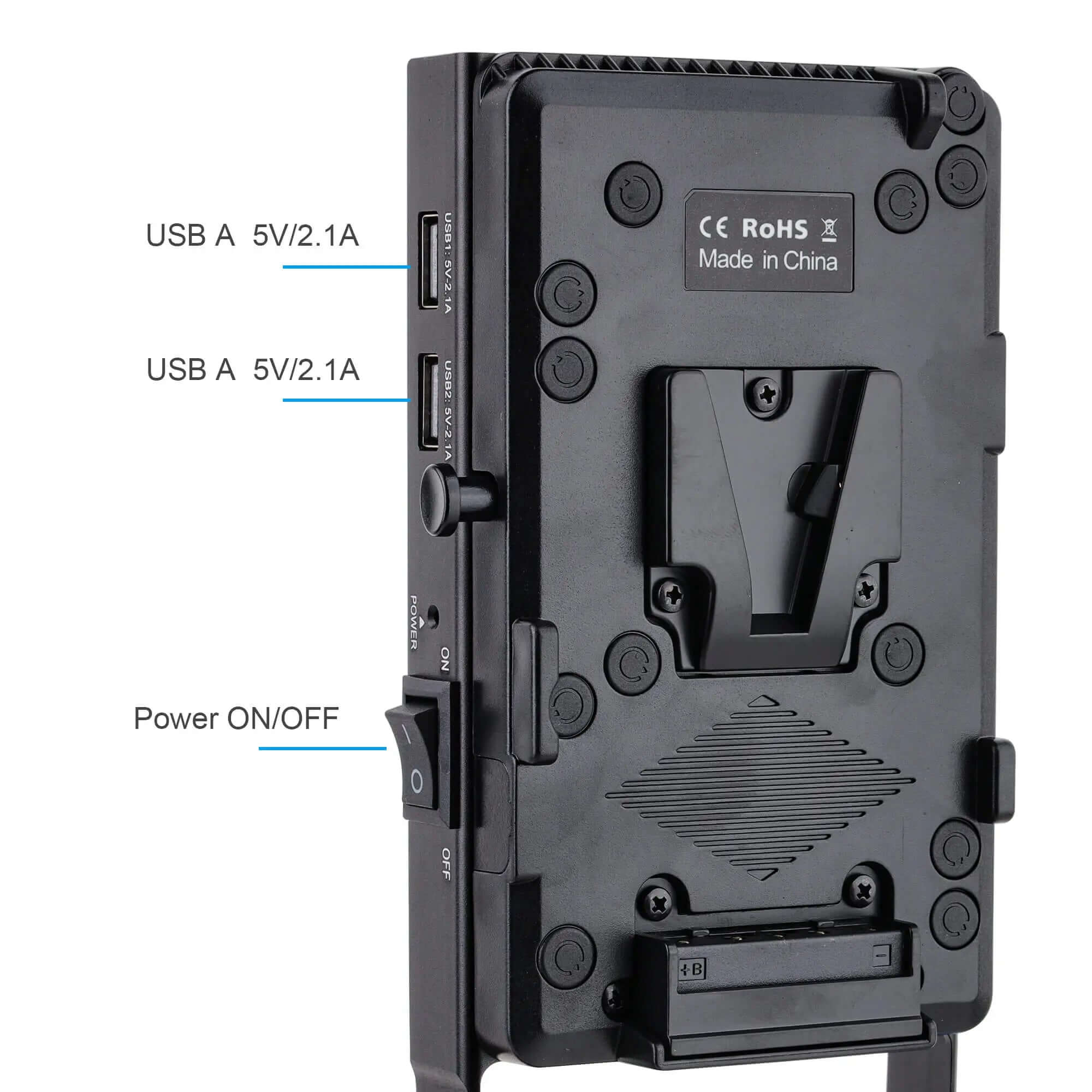 V-Mount Battery Plate Side View 2x USB 5V 2.1A Ports Power On Off Switch