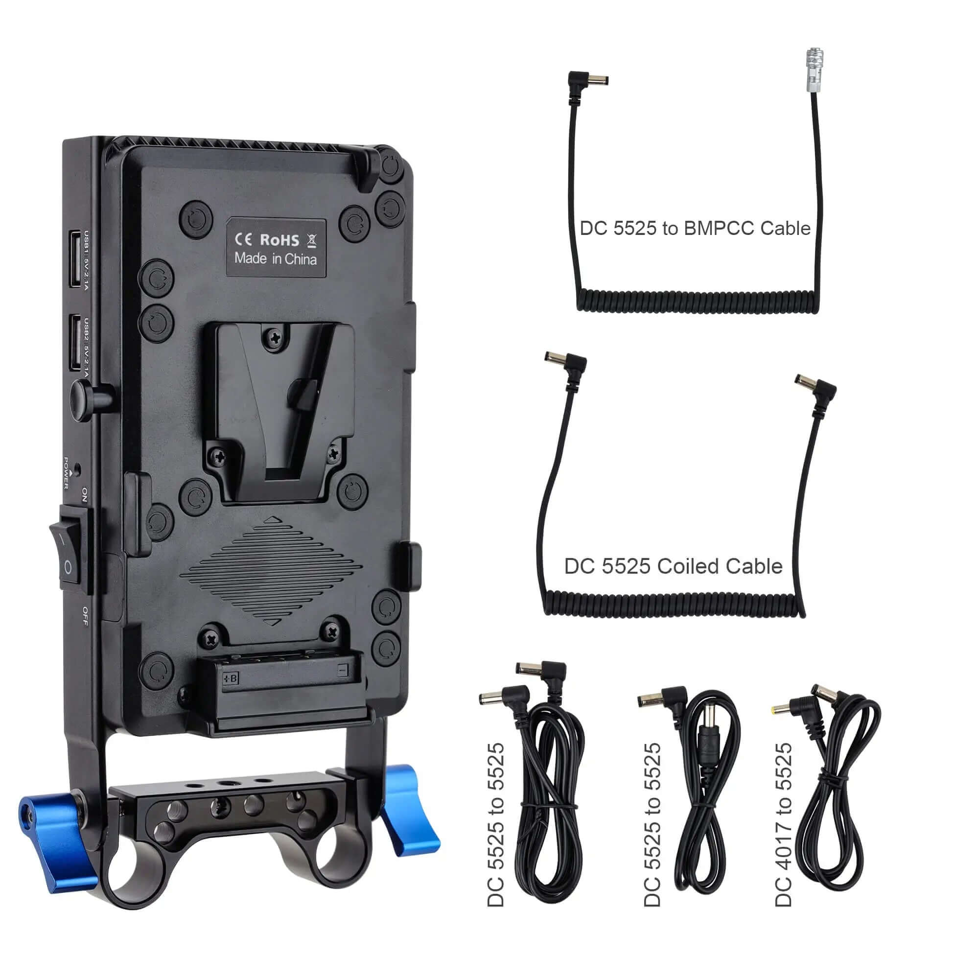 V-Mount Battery Power Plate with 15mm Rod Mount, Power Cables Kit for BMPCC Camera