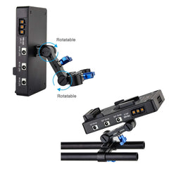 V-mount battery plate mounted on 15mm camera rails dual rotating adjustable bracket power supply board