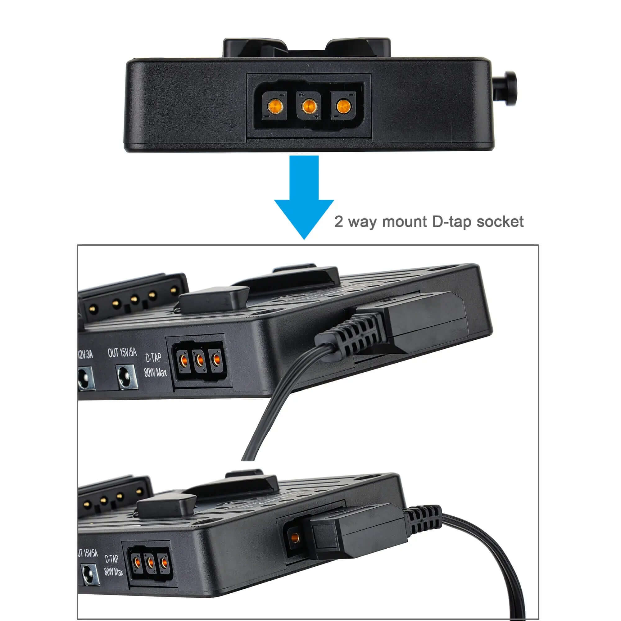 2-way D-Tap socket on V-lock battery plate power output connection diagram