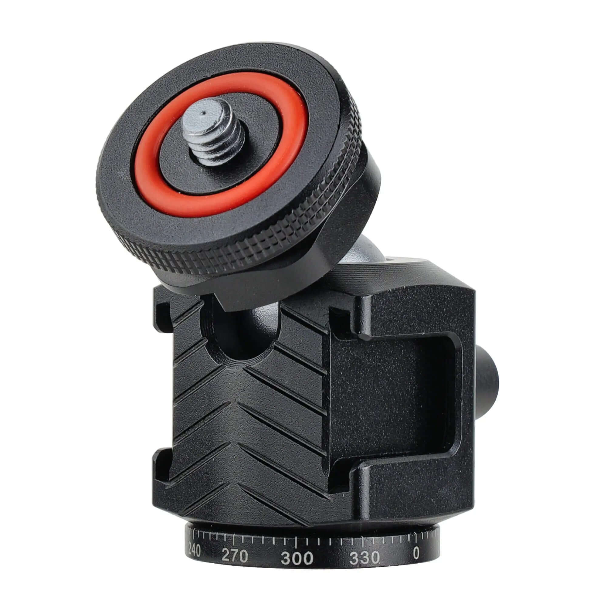 Premium CNC Machined Mini Ball Head Close-Up, Red Anti-Slip Rubber Ring 1/4 Inch Mounting Screw, 3 Cold Shoe Slots 360° Pan Camera Tripod Head