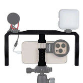 Aluminum Smartphone Video Rig with mic, fill light & phone mounted, mobile filmmaking cage