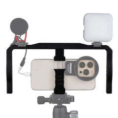 Aluminum Smartphone Video Rig with mic, fill light & phone mounted, mobile filmmaking cage