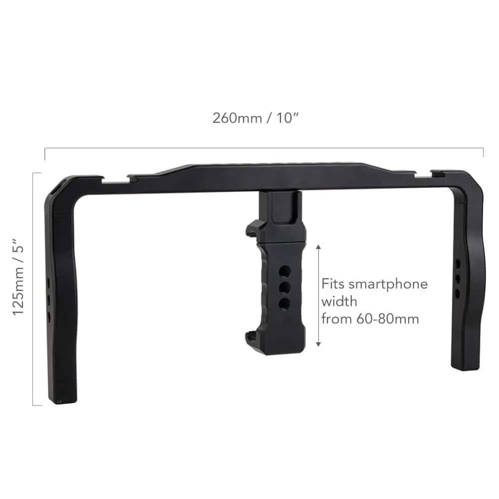Dimension diagram of aluminum phone video rig 260×125mm, fits 60-80mm width smartphones