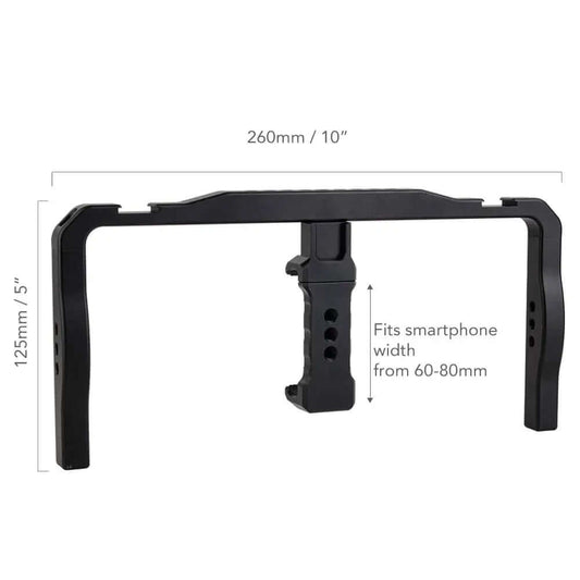 Dimension diagram of aluminum phone video rig 260×125mm, fits 60-80mm width smartphones