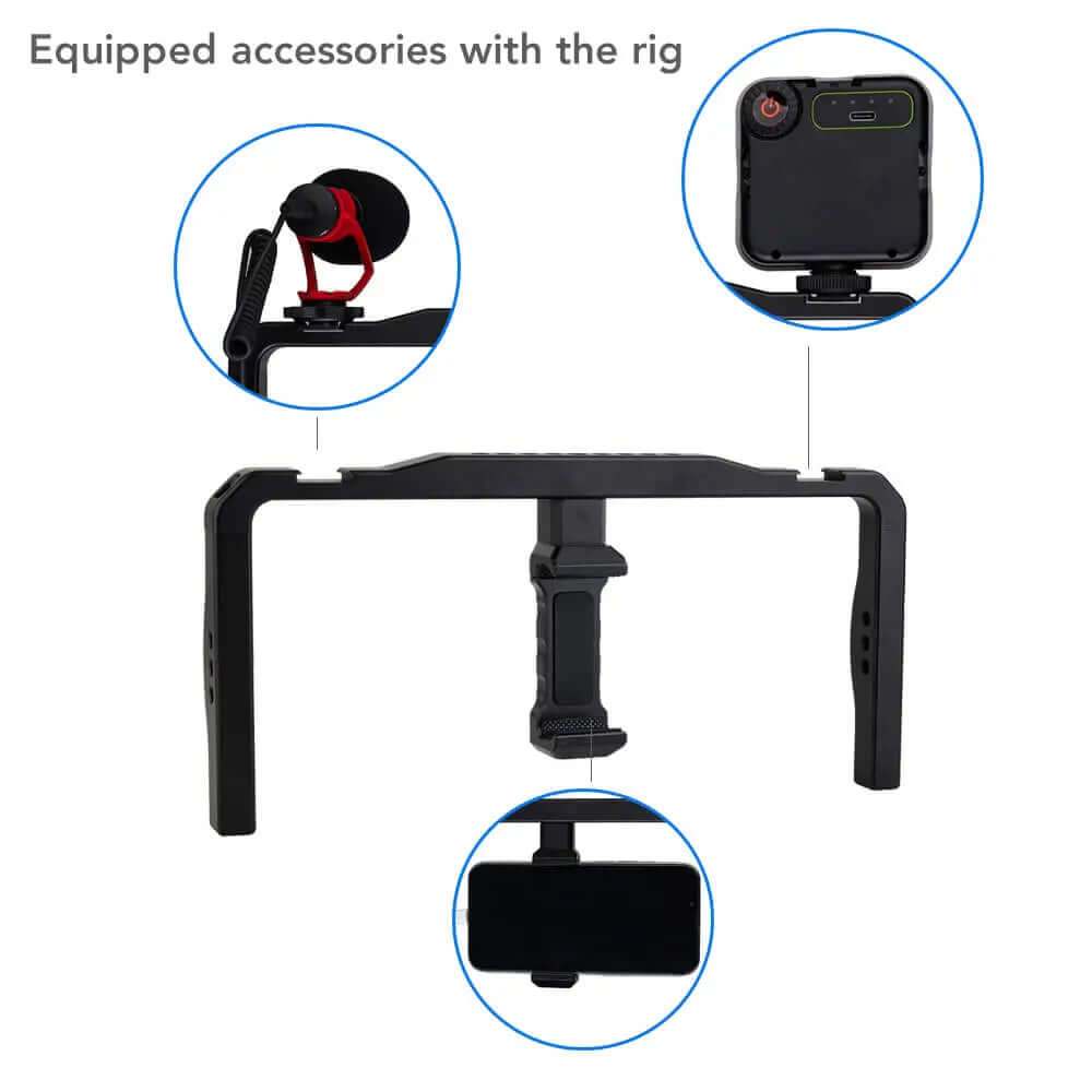 Accessory layout for aluminum smartphone video cage: microphone, mini LED light, adjustable phone holder