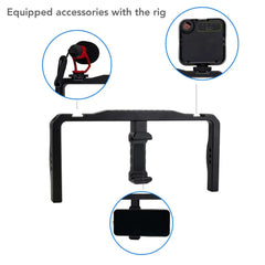 Accessory layout for aluminum smartphone video cage: microphone, mini LED light, adjustable phone holder