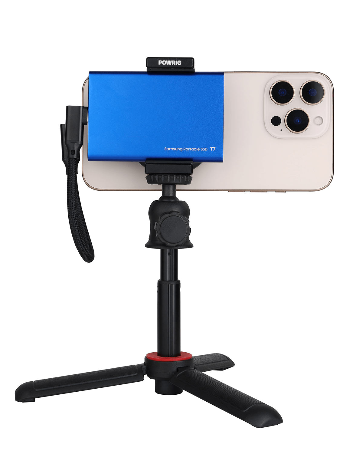 iPhone with samsung T7 SSD driver mount on a mini tripod recording video