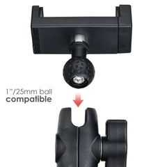 Phone clip securely attached to a 1-inch ball mount arm