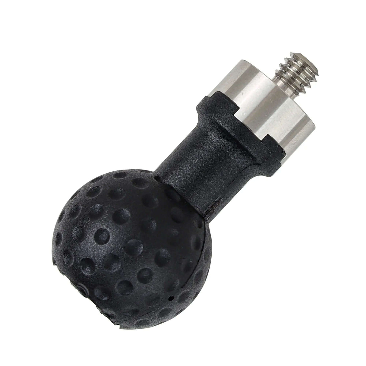 POWRIG 1-inch ball camera connector showing textured rubber ball surface and stainless steel 1/4-20 threaded base