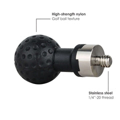 Detail of high-strength nylon ball and stainless steel stud with rubber vibration dampening seal on camera adapter