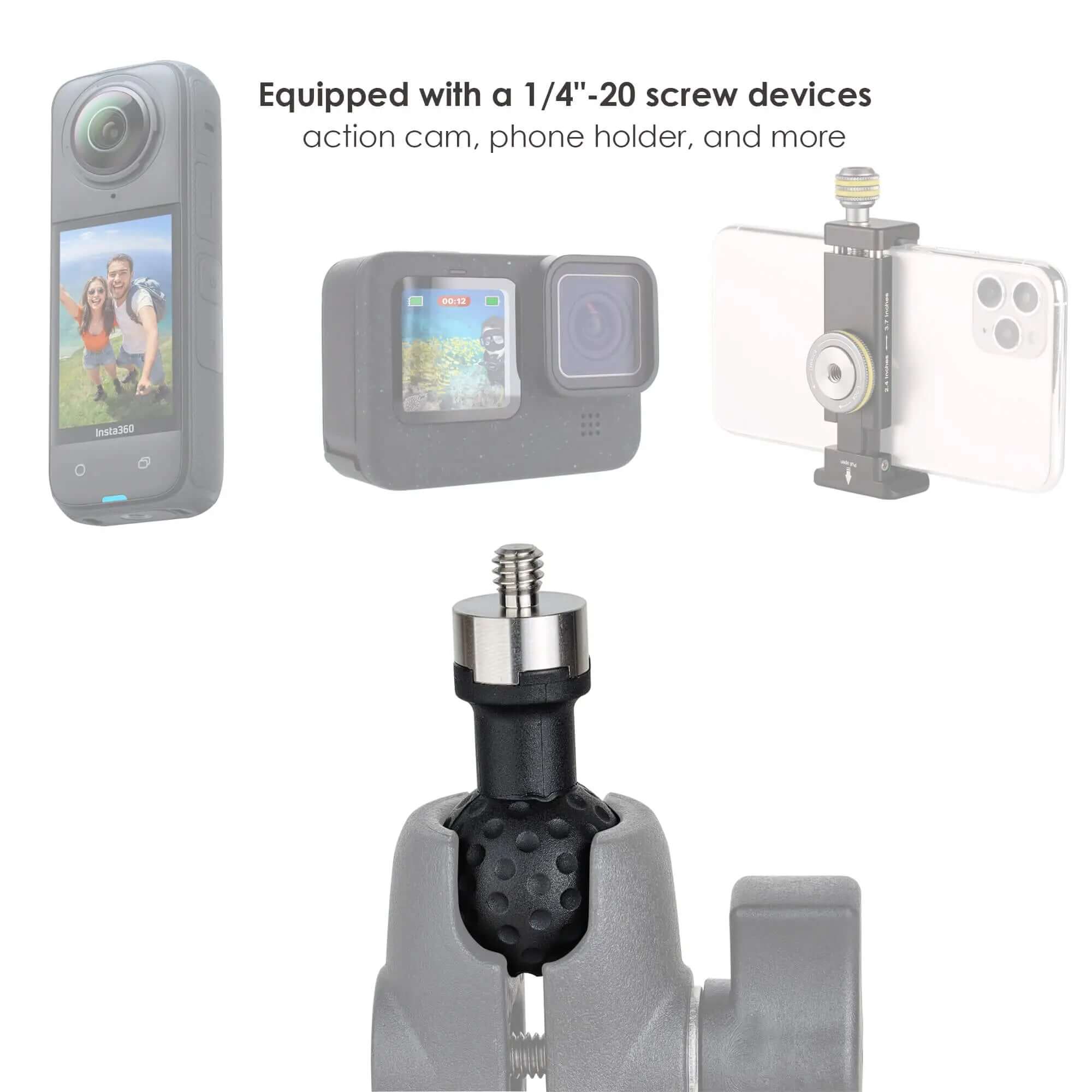Application example showing the 1-inch ball adapter mounted with Insta360, GoPro action cameras, and smartphone holder
