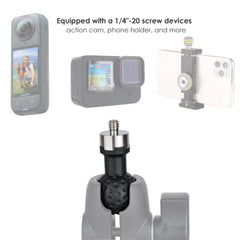 Application example showing the 1-inch ball adapter mounted with Insta360, GoPro action cameras, and smartphone holder