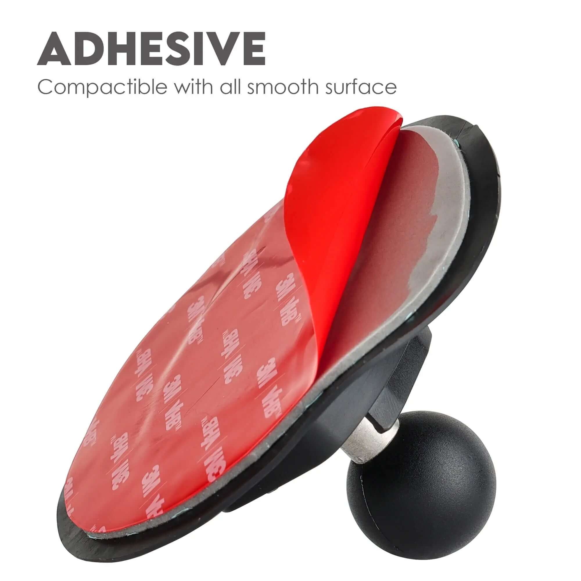 Close-up of 3M VHB adhesive pad on 1-inch ball mount, strong adhesion for smooth surfaces