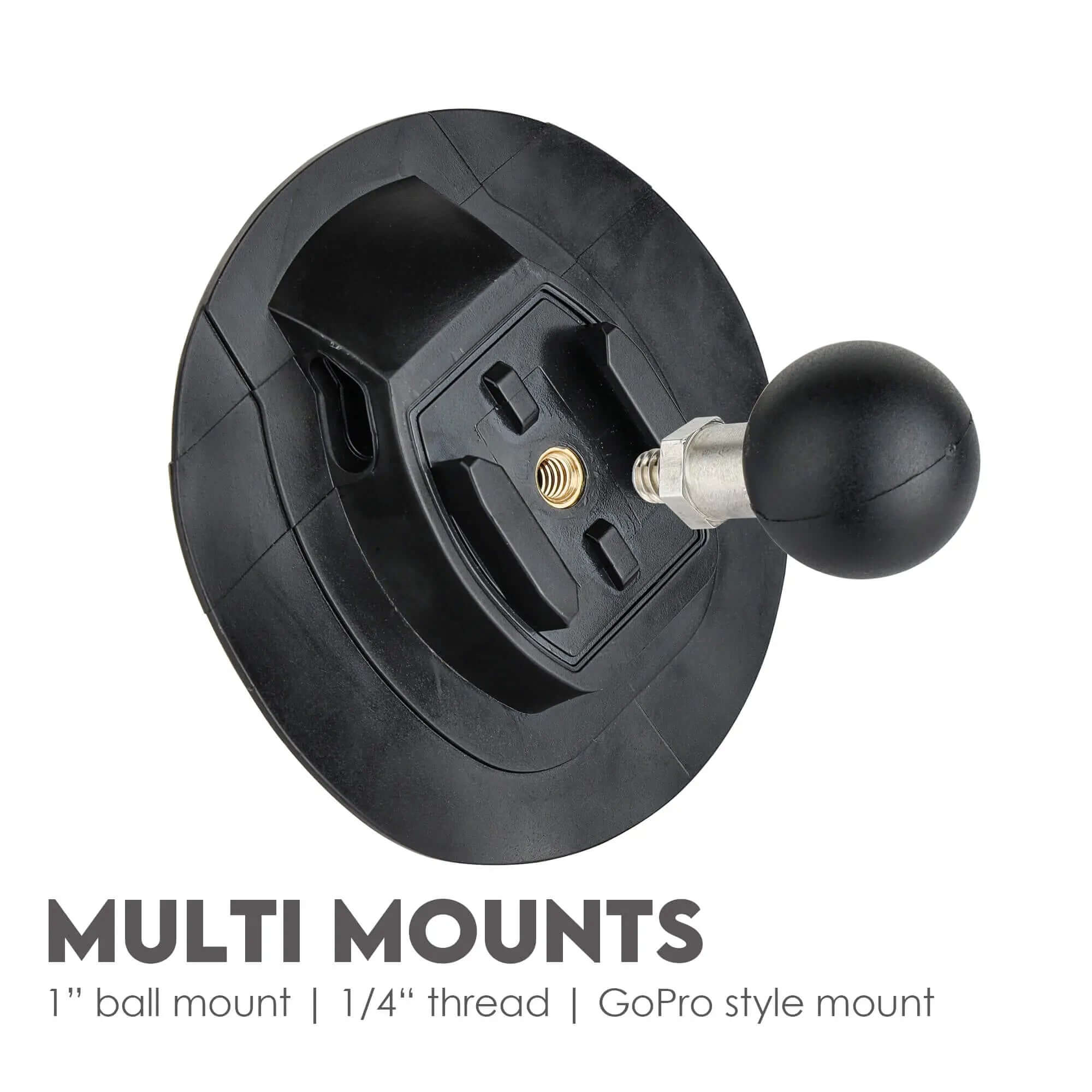 Multi-mount base with 1-inch ball, 1/4" thread, and GoPro-style mount, multi-functional camera mount