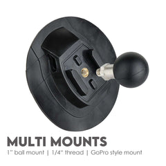 Multi-mount base with 1-inch ball, 1/4" thread, and GoPro-style mount, multi-functional camera mount