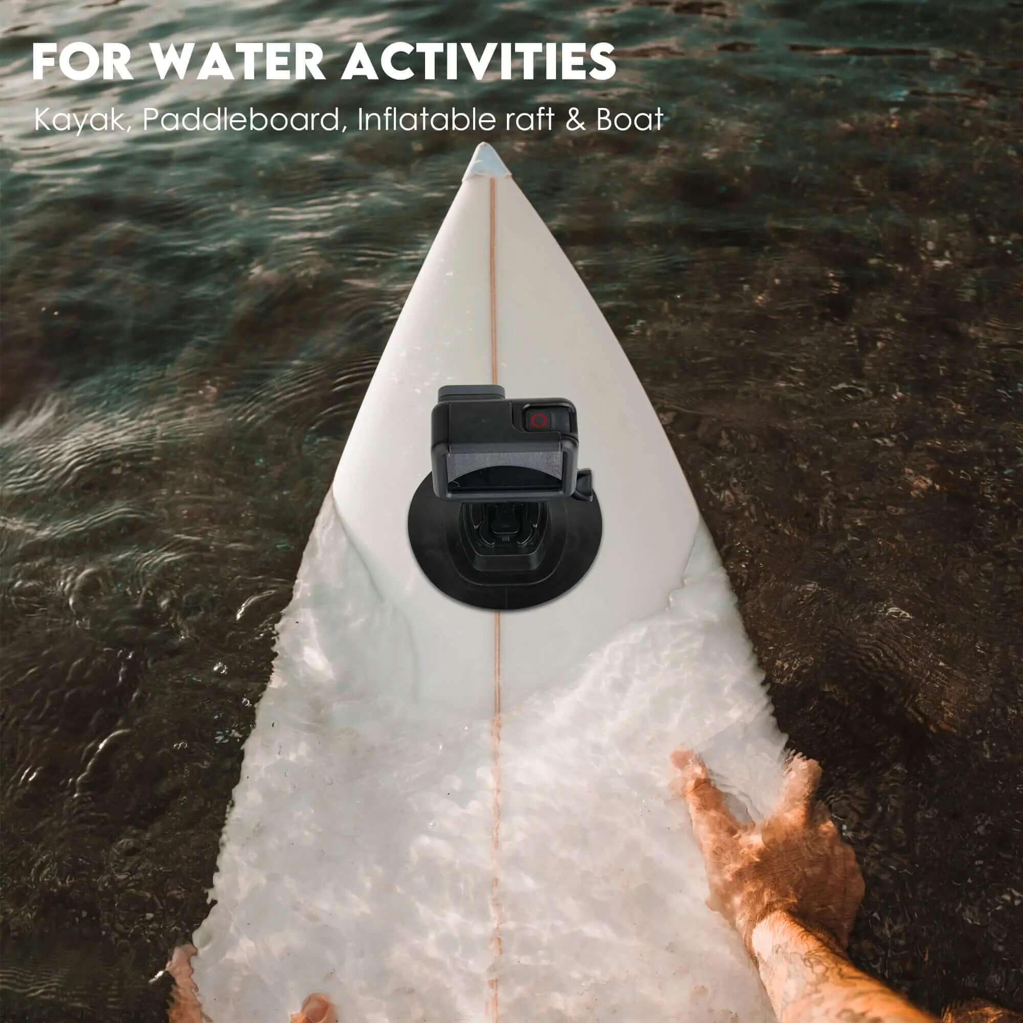 1-inch adhesive ball mount installed on surfboard, holding GoPro camera for water sports