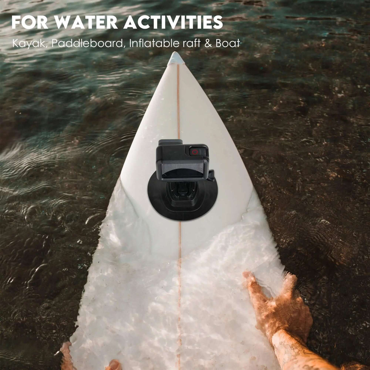1-inch adhesive ball mount installed on surfboard, holding GoPro camera for water sports