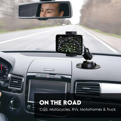 1-inch ball mount with adhesive base holding phone/GPS on car dashboard, road trip navigation