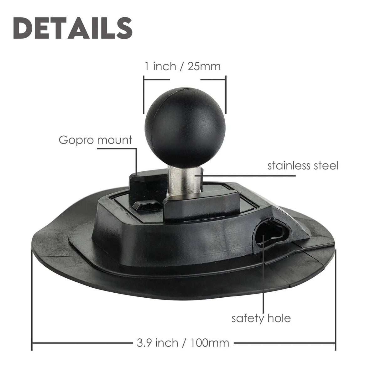 Multi-mount base with 1-inch ball, 1/4" thread, and GoPro-style mount, multi-functional camera mount
