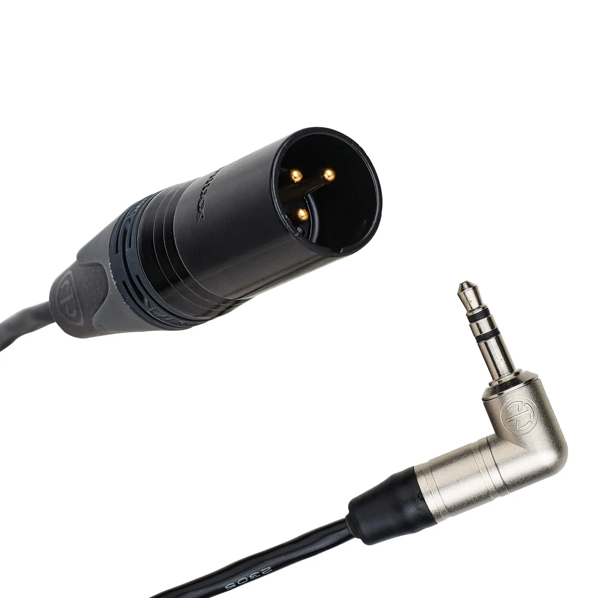 Close-up of gold-plated XLR 3-pin male connector on timecode cable