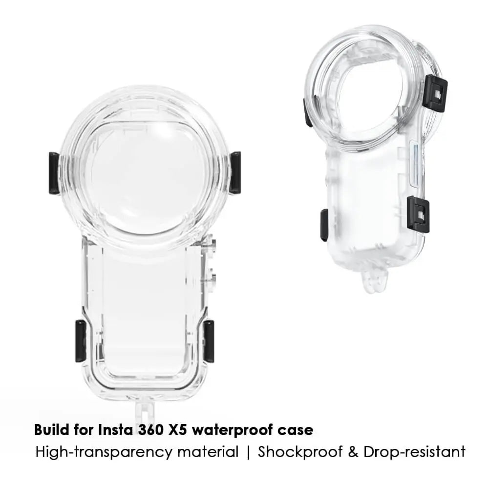 Two views of Insta360 X5 sealed in 60m waterproof housing