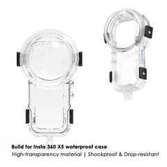 Two views of Insta360 X5 sealed in 60m waterproof housing